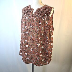 Danielrainn Sleeveless Burnt Orange Floral Top Blouse Plus Size 2X Smocked Panel